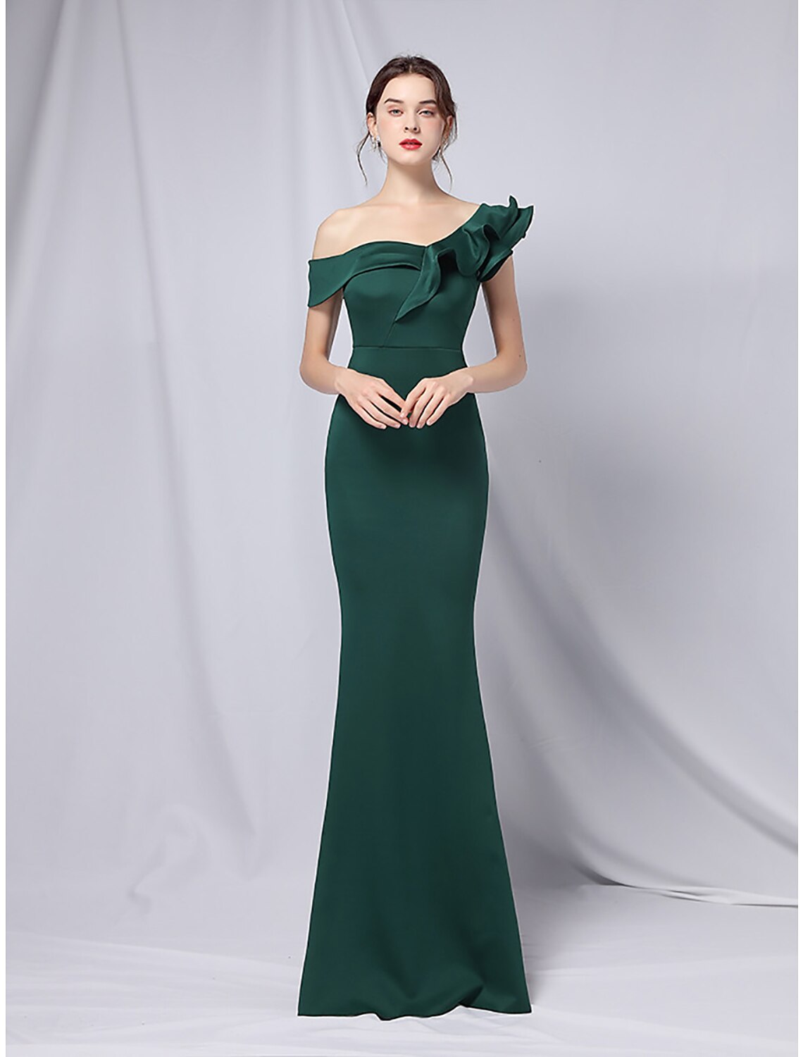 Wholesale Mermaid / Trumpet Evening Gown Empire Dress Wedding Guest Formal Evening Floor Length Short Sleeve One Shoulder Stretch Satin with Ruffles