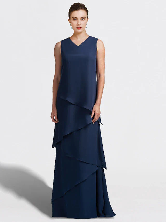 Wholesale Two Piece A-Line Mother of the Bride Dress Plus Size Elegant V Neck Floor Length Chiffon Sleeveless Wrap Included with Ruffles