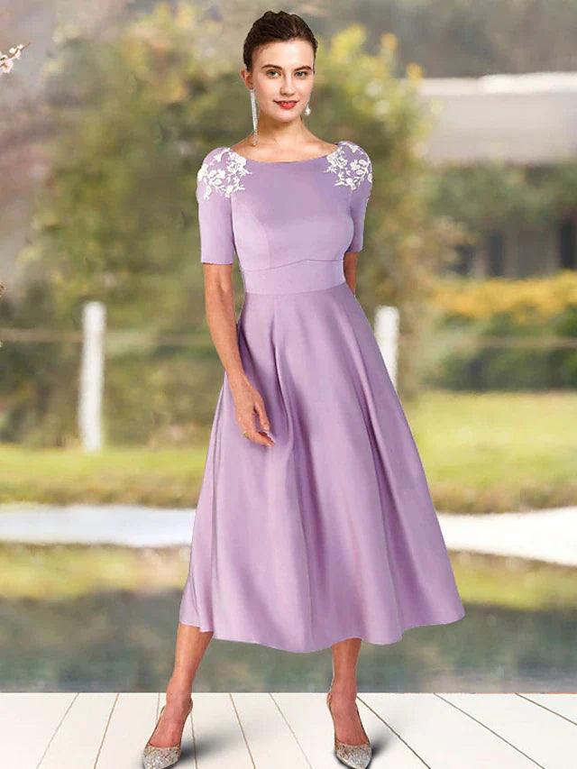 Wholesale A-Line Mother of the Bride Dress Elegant Sweet Jewel Neck Tea Length Charmeuse Short Sleeve with Appliques