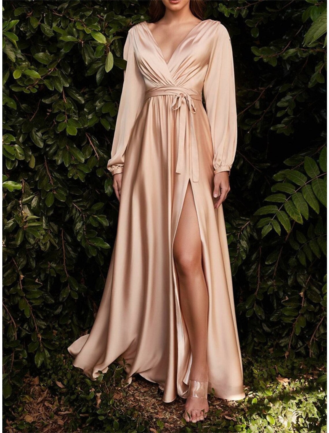 Wholesale A-Line Bridesmaid Dress V Neck Long Sleeve Blue Floor Length Chiffon with Split Front / Ruching