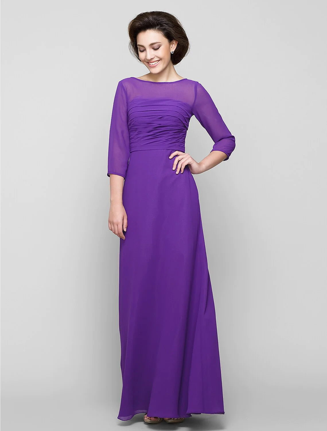 Wholesale A-Line Mother of the Bride Dress Elegant Scoop Neck Ankle Length Chiffon 3/4 Length Sleeve No with Ruched