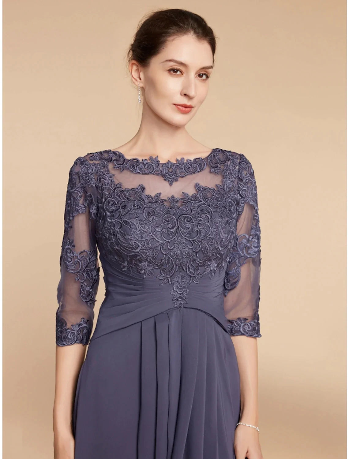 Wholesale A-Line Mother of the Bride Dress Wedding Guest Elegant Scoop Neck Ankle Length Chiffon Lace 3/4 Length Sleeve with Ruching Solid Color