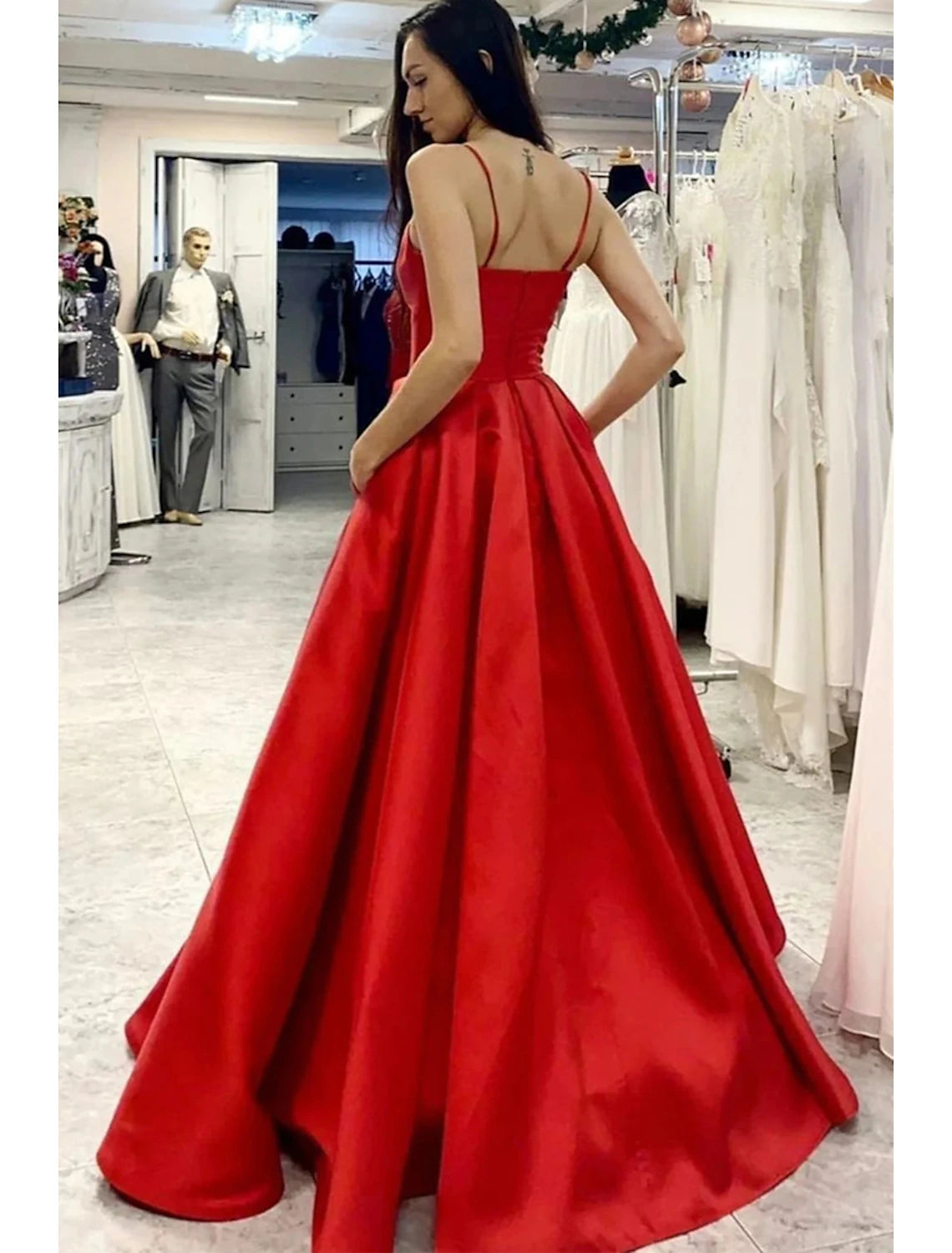 Wholesale  A-Line Prom Dresses Minimalist Dress Formal Wedding Party Floor Length Sleeveless V Neck Pocket Satin with Pleats