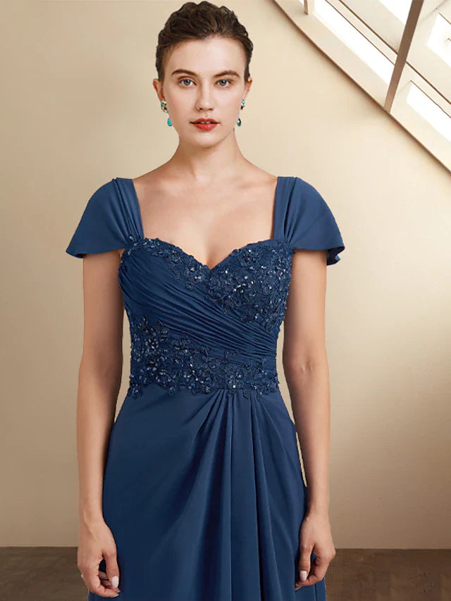 Wholesale A-Line Mother of the Bride Dress Elegant High Low Square Neck Asymmetrical Tea Length Chiffon Lace Cap Sleeve Wrap Included with Sequin Appliques Side-Draped