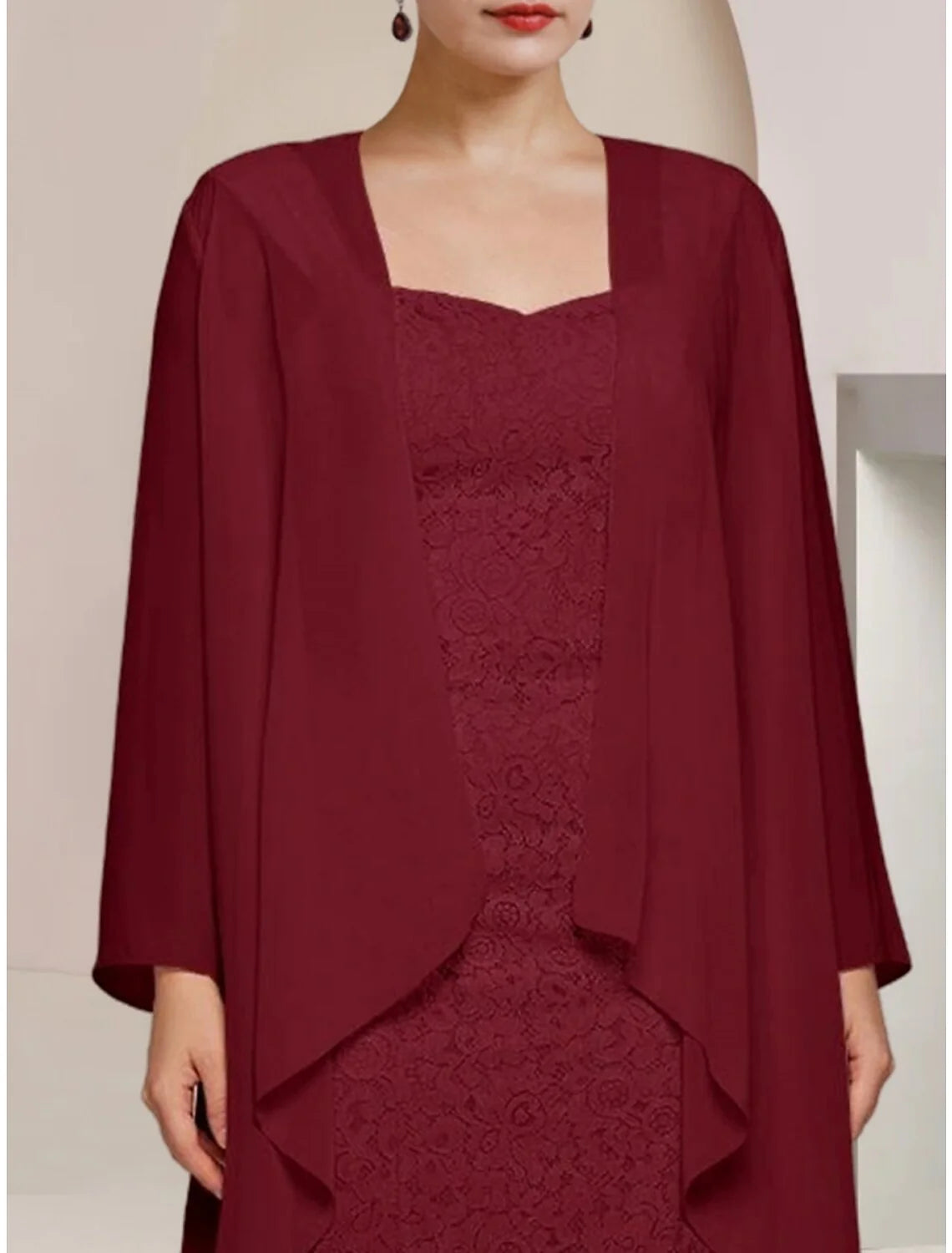 Wholesale A-Line Mother of the Bride Dress Wedding Guest Elegant Petite Square Neck Knee Length Chiffon Long Sleeve with Ruching Solid Color