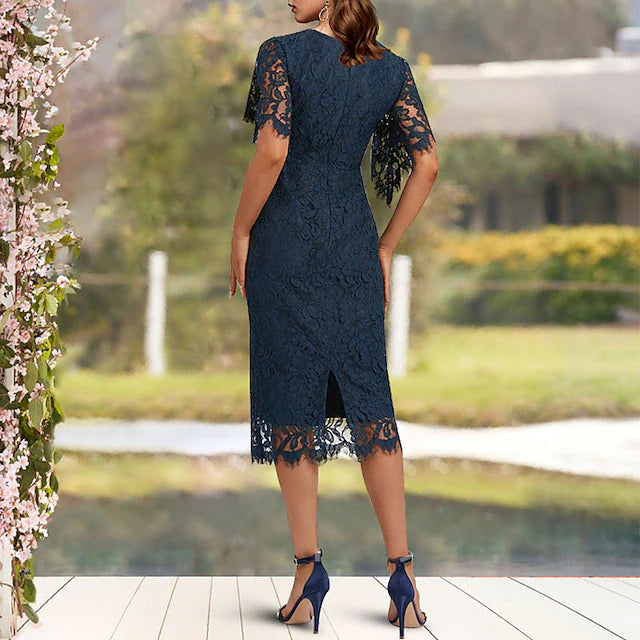 Wholesale Sheath / Column Mother of the Bride Dress Wedding Guest Elegant Jewel Neck Tea Length Lace Short Sleeve with Solid Color