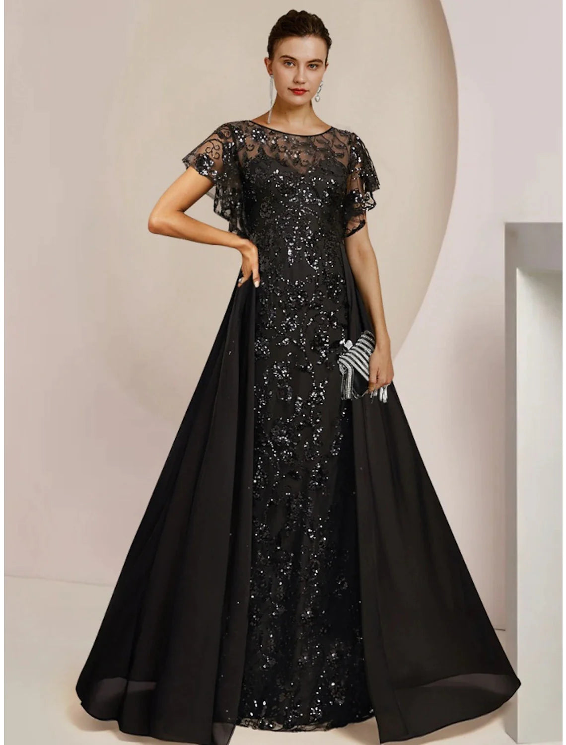 Wholesale A-Line Mother of the Bride Dress Wedding Guest Elegant Scoop Neck Floor Length Chiffon Lace Sequined Short Sleeve with Sequin Ruching Solid Color
