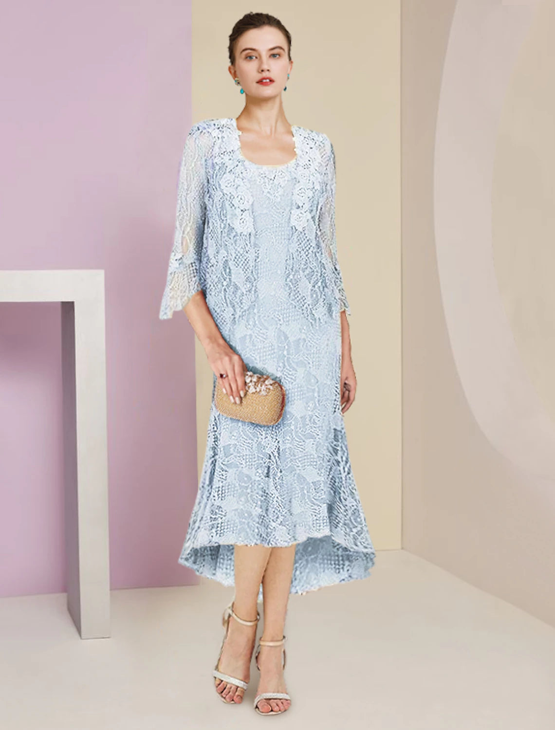 Wholesale  Two Piece Mermaid / Trumpet Mother of the Bride Dress Formal Wedding Guest Elegant High Low Scoop Neck Asymmetrical Tea Length Lace Sleeveless Wrap Included with Solid