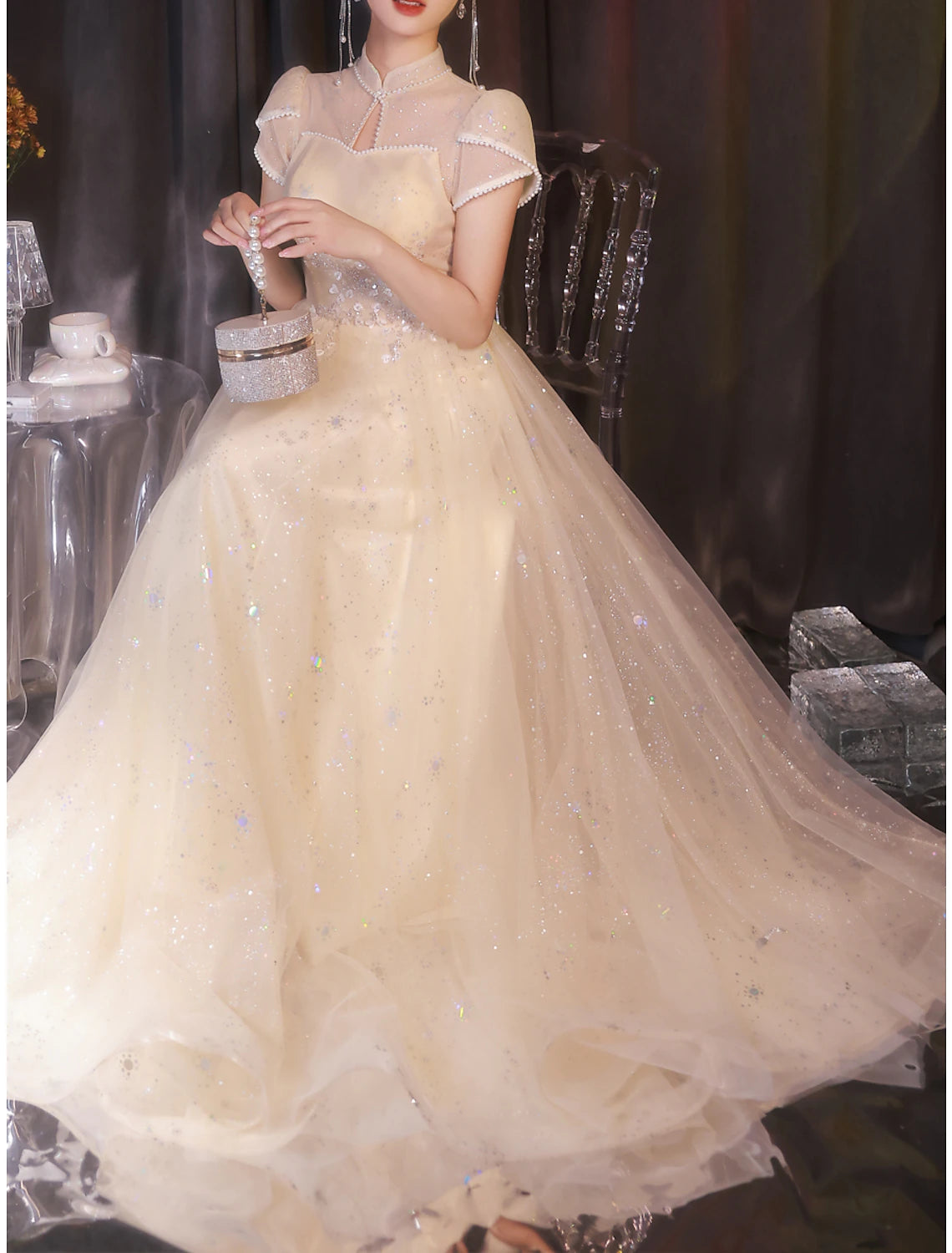 Wholesale A-Line Evening Gown Sparkle & Shine Dress Engagement Prom Floor Length Short Sleeve Stand Collar Satin with Buttons Ruched Pearls