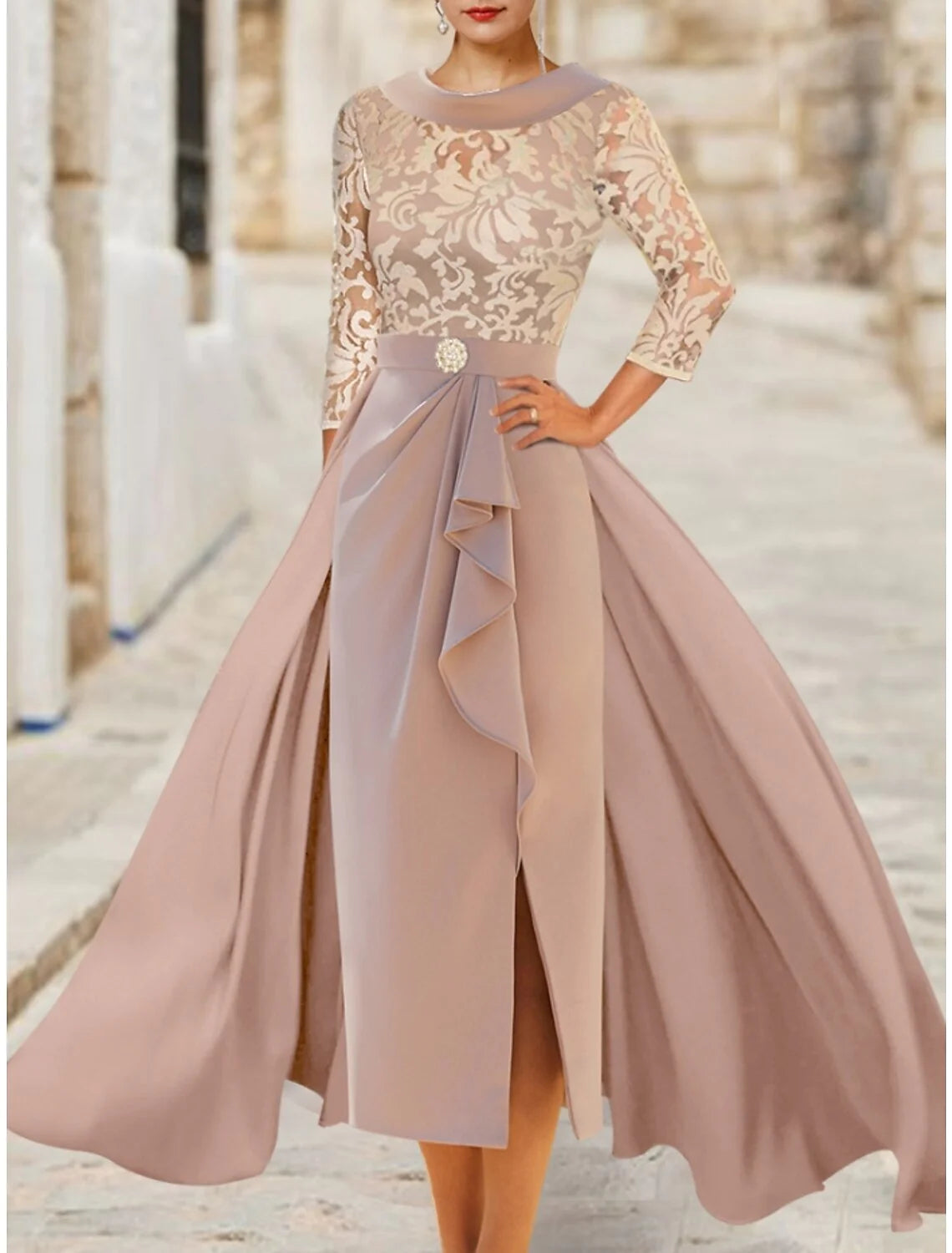 Wholesale A-Line Mother of the Bride Dress Wedding Guest Elegant Scoop Neck Ankle Length Satin Lace 3/4 Length Sleeve with Ruffles Split Front Ruching