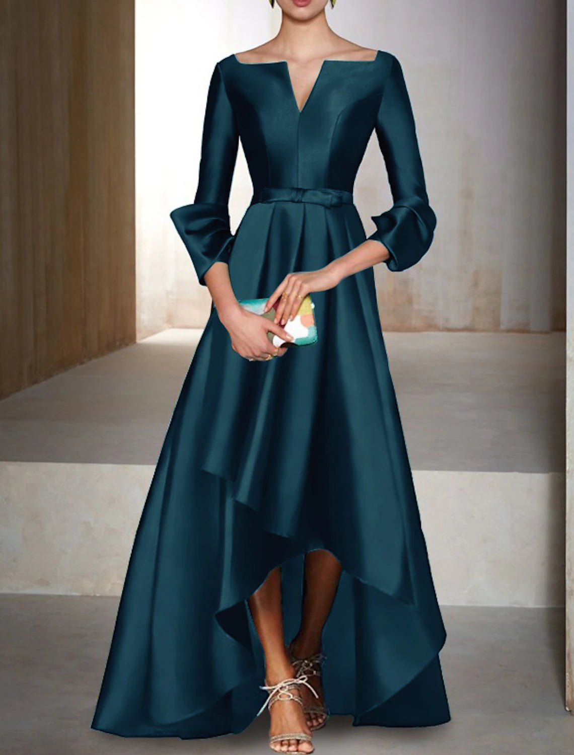 Wholesale A-Line Evening Gown Elegant Dress Christmas Red Green Dress Formal Wedding Guest Floor Length 3/4 Length Sleeve V Neck Satin with Bow(s)