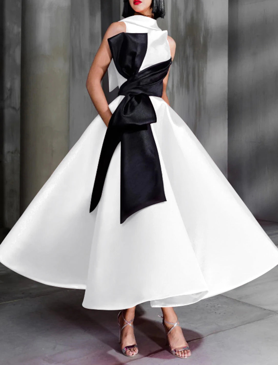 Wholesale Ball Gown Color Block Celebrity Style Elegant Prom Formal Evening Birthday Dress Christmas Red Green Dress High Neck Sleeveless Ankle Length Satin with Bow(s)