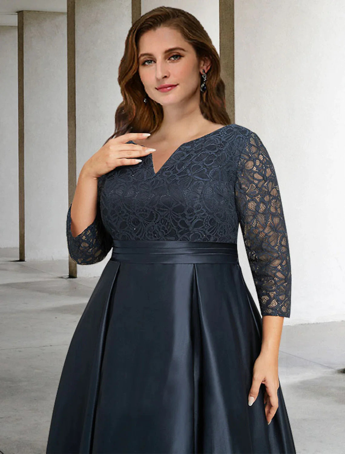 Wholesale A-Line Mother of the Bride Dresses Plus Size Hide Belly Curve Elegant Dress Formal Asymmetrical 3/4 Length Sleeve V Neck Satin with Pleats Ruched