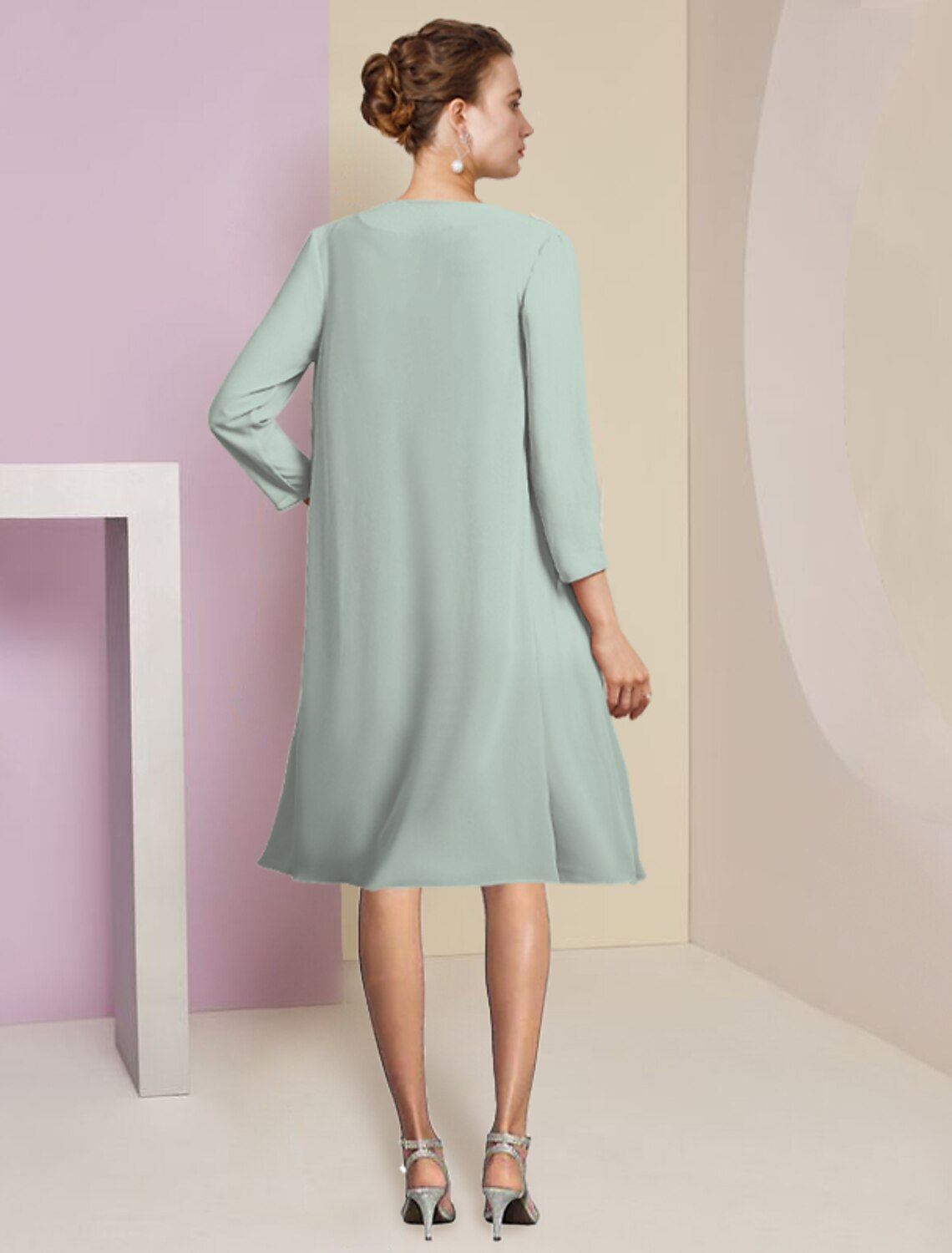 Wholesale  Two Piece A-Line Mother of the Bride Dress Formal Wedding Guest Elegant Scoop Neck Knee Length Chiffon 3/4 Length Sleeve with Tier