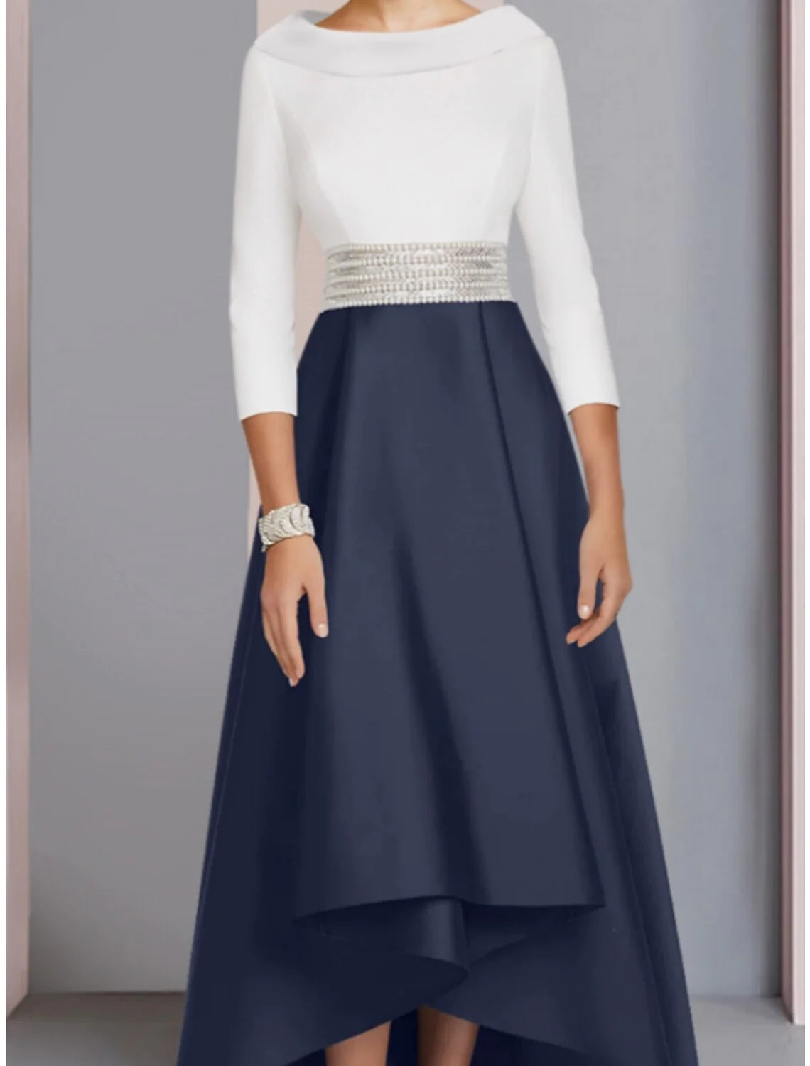 Wholesale A-Line Mother of the Bride Dress Wedding Guest Elegant Scoop Neck Asymmetrical Floor Length Satin 3/4 Length Sleeve with Sequin Ruching