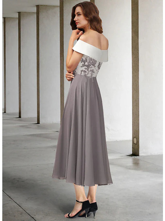 Wholesale A-Line Mother of the Bride Dress Elegant Off Shoulder Tea Length Chiffon Lace Short Sleeve with Pleats Appliques