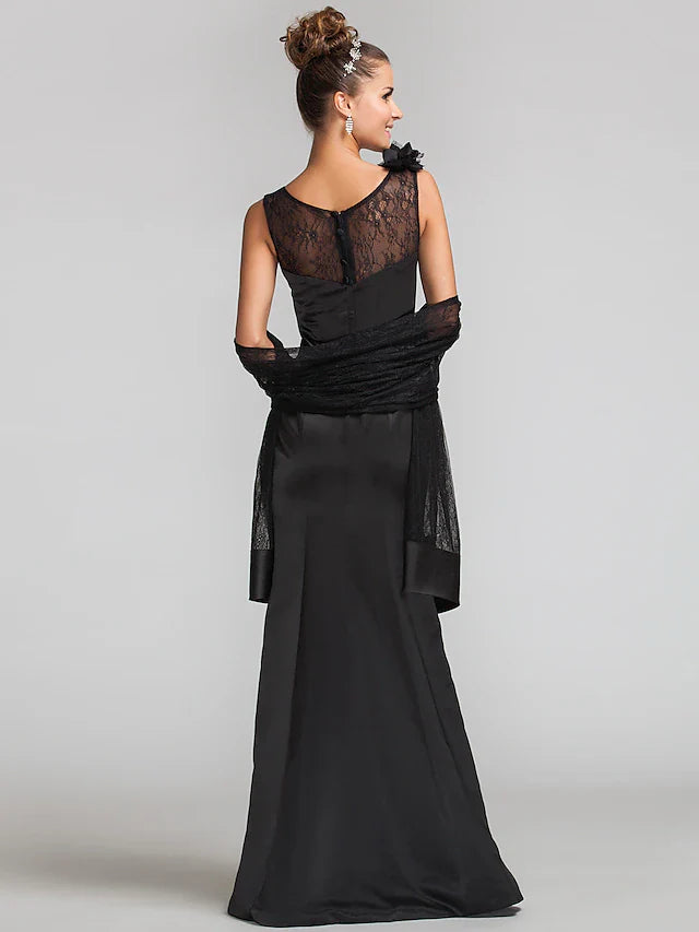 Wholesale Mermaid / Trumpet Mother of the Bride Dress Wrap Included Jewel Neck Floor Length Satin Lace Sleeveless with Lace Buttons Flower