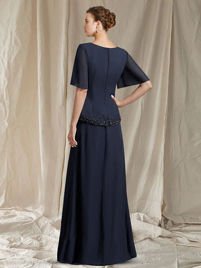 Wholesale A-Line Mother of the Bride Dress Elegant Jewel Neck Floor Length Chiffon Short Sleeve with Crystals