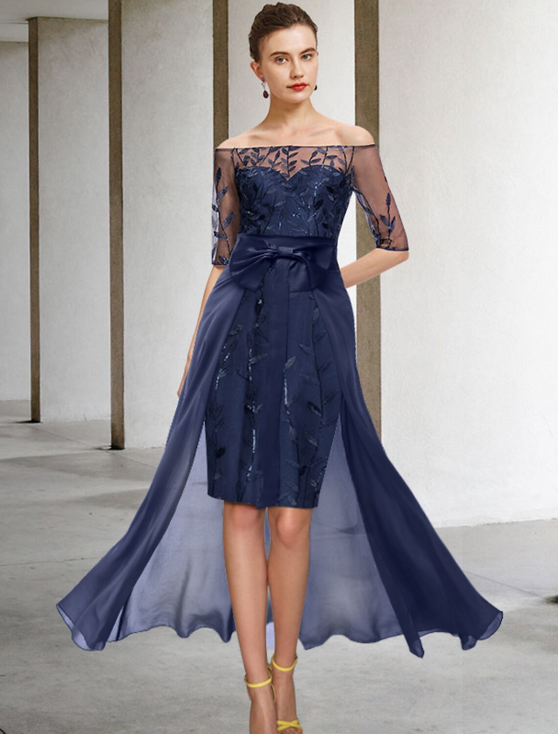 Wholesale  Two Piece Sheath / Column Mother of the Bride Dress Formal Wedding Guest Sparkle & Shine Elegant Off Shoulder Knee Length Chiffon Lace Sequined Half Sleeve with Bow(s) Appliques