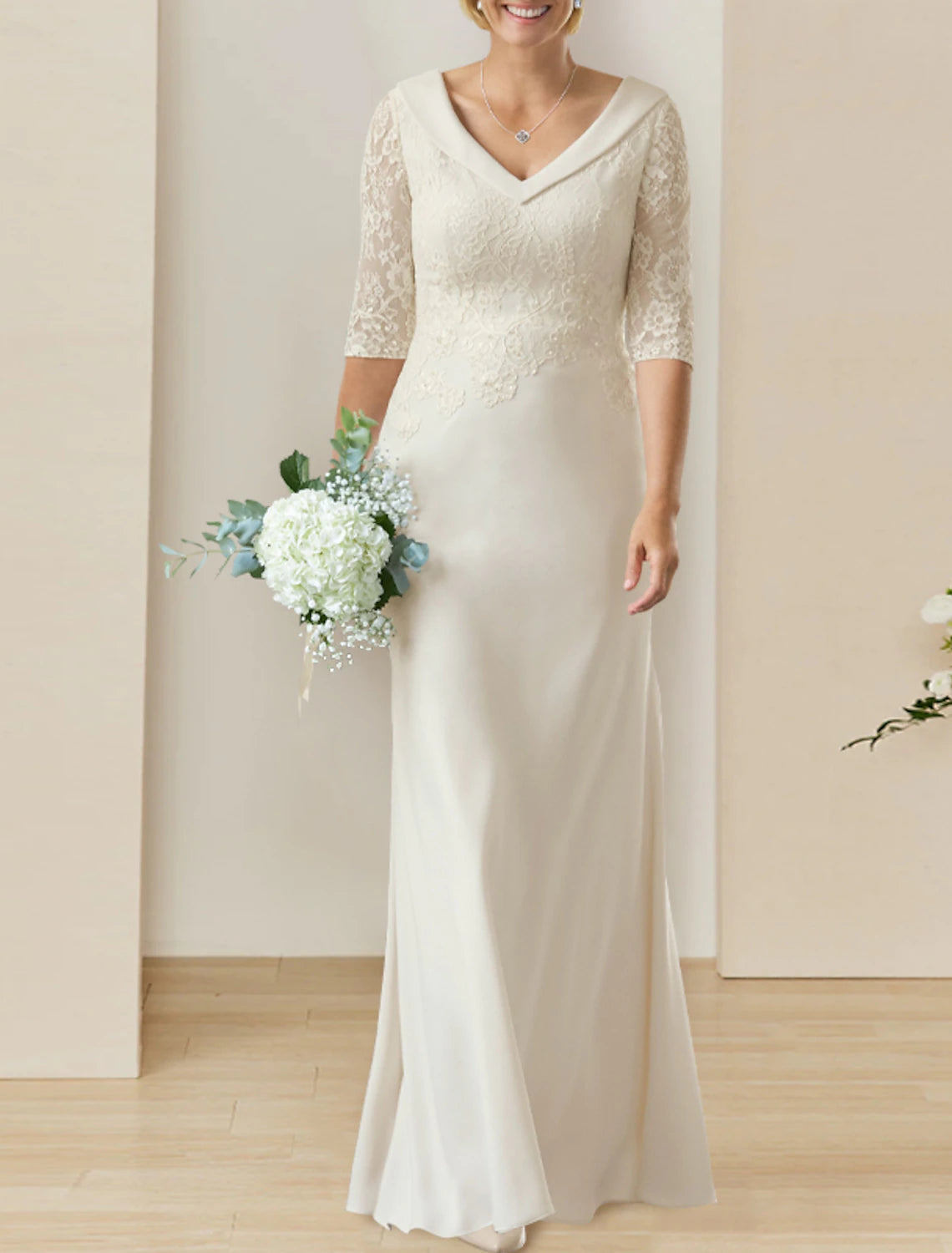 Wholesale Mature Modest Wedding Dresses Sheath / Column V Neck Half Sleeve Floor Length Chiffon Bridal Gowns With Appliques Solid Color
