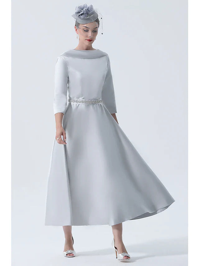 Wholesale A-Line Mother of the Bride Dress Wedding Guest Vintage Plus Size Elegant Bateau Neck Tea Length Satin 3/4 Length Sleeve with Beading