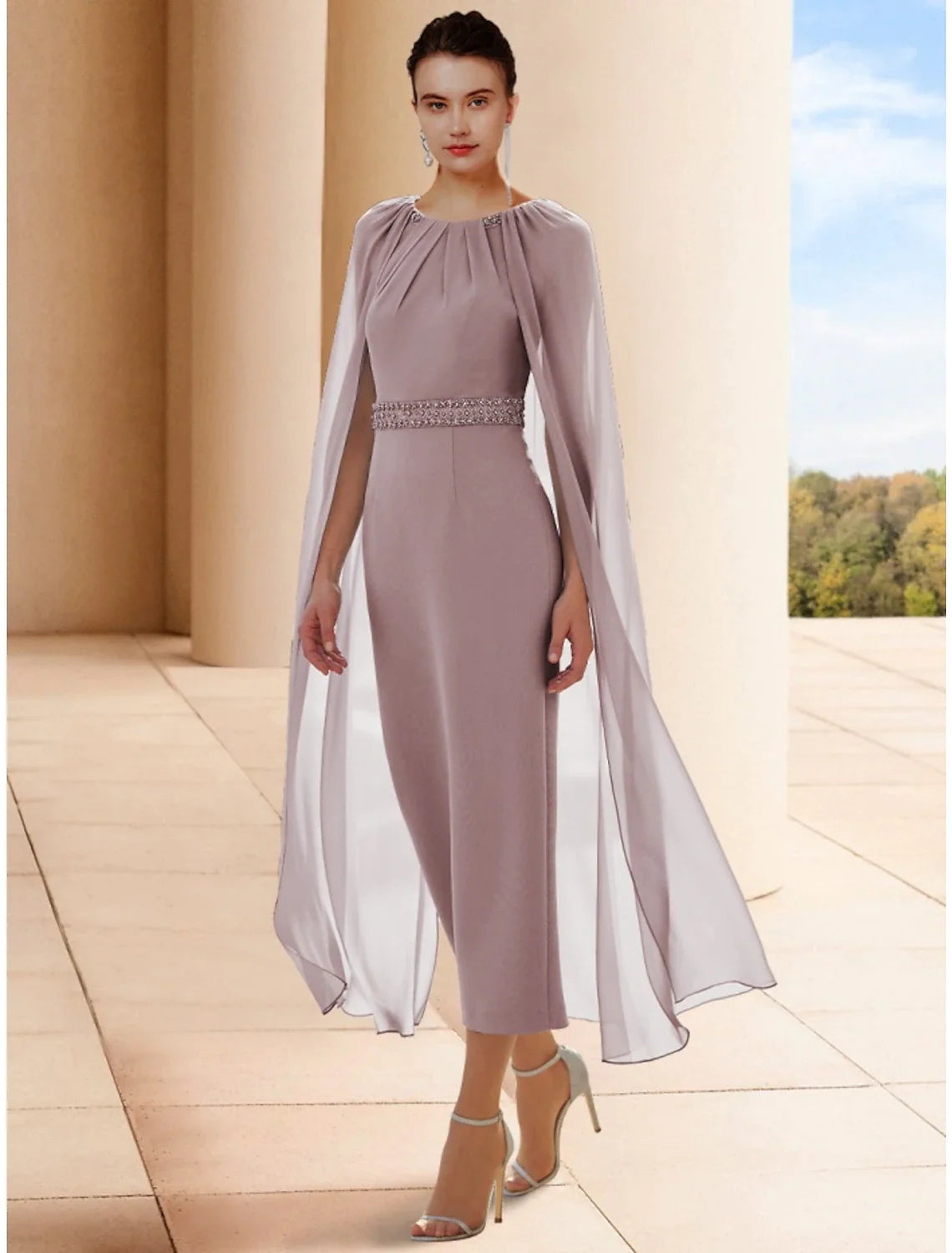 Wholesale Sheath / Column Mother of the Bride Dress Wedding Guest Elegant Scoop Neck Ankle Length Chiffon Sleeveless with Beading Ruching