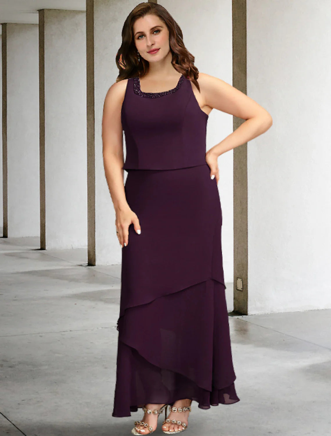 Wholesale Two Piece A-Line Plus Size Curve Mother of the Bride Dresses Elegant Dress Formal Ankle Length Sleeveless Square Neck Chiffon with Beading Ruffles