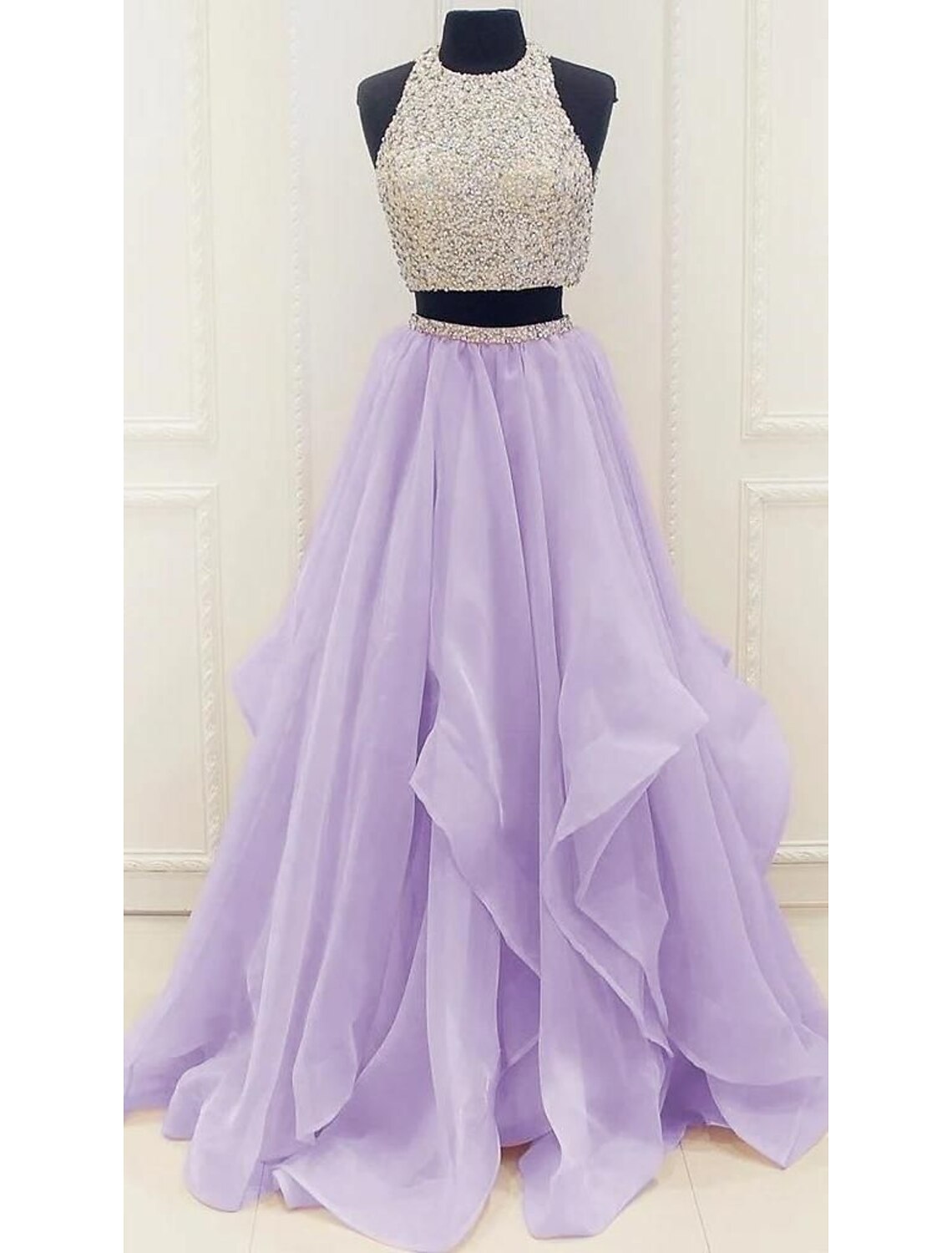 Wholesale  Two Piece Ball Gown Prom Dresses Sparkle & Shine Dress Party Wear Prom Floor Length Sleeveless Halter Neck Organza with Sequin