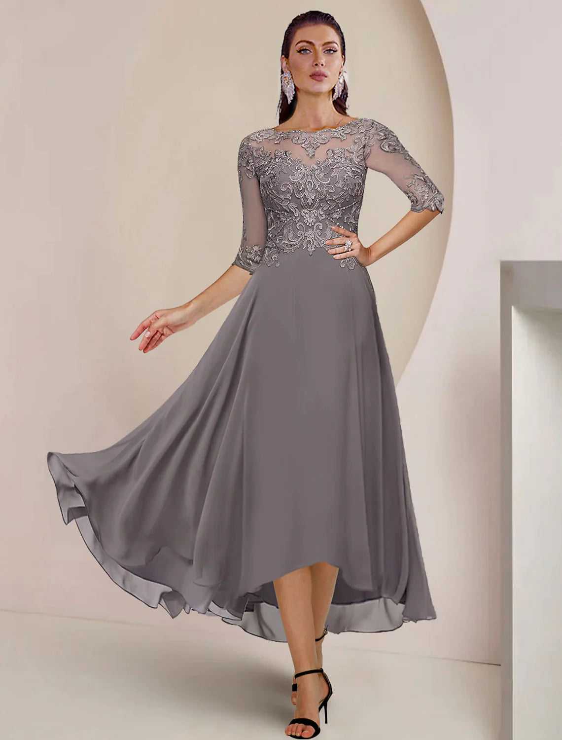 Wholesale A-Line Mother of the Bride Dress Formal Wedding Guest Elegant High Low Scoop Neck Asymmetrical Tea Length Chiffon Lace Half Sleeve with Pleats Appliques
