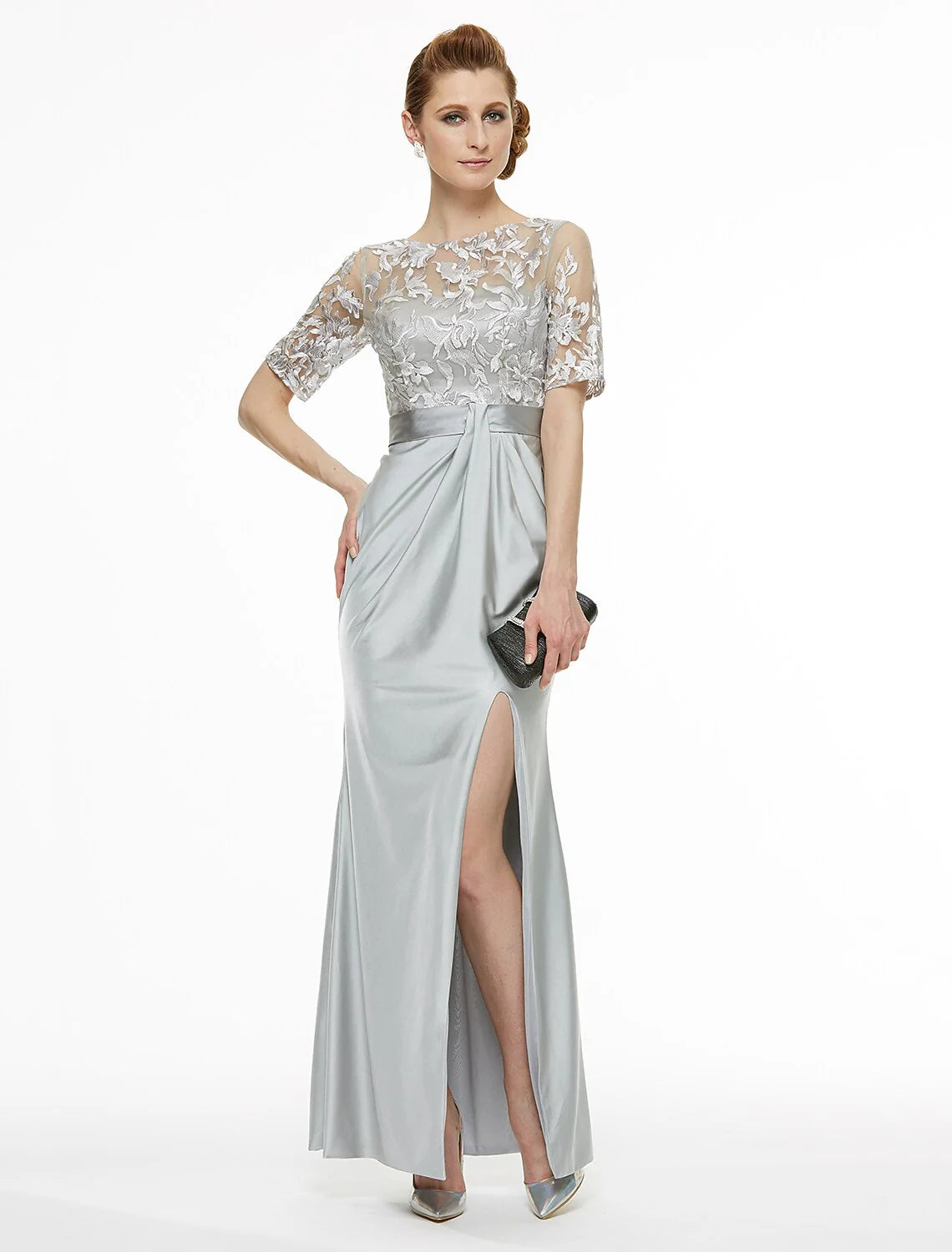 Wholesale Sheath / Column Bateau Neck Ankle Length Lace / Jersey Mother of the Bride Dress with Lace / Pleats