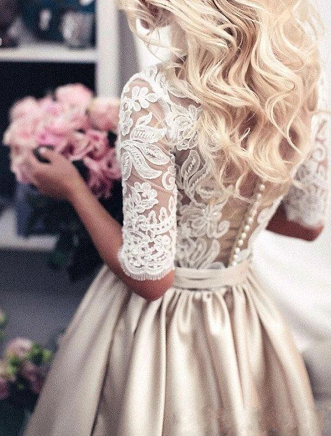 Wholesale Hall Formal Wedding Dresses A-Line Illusion Neck Half Sleeve Court Train Satin Bridal Gowns With Buttons Appliques