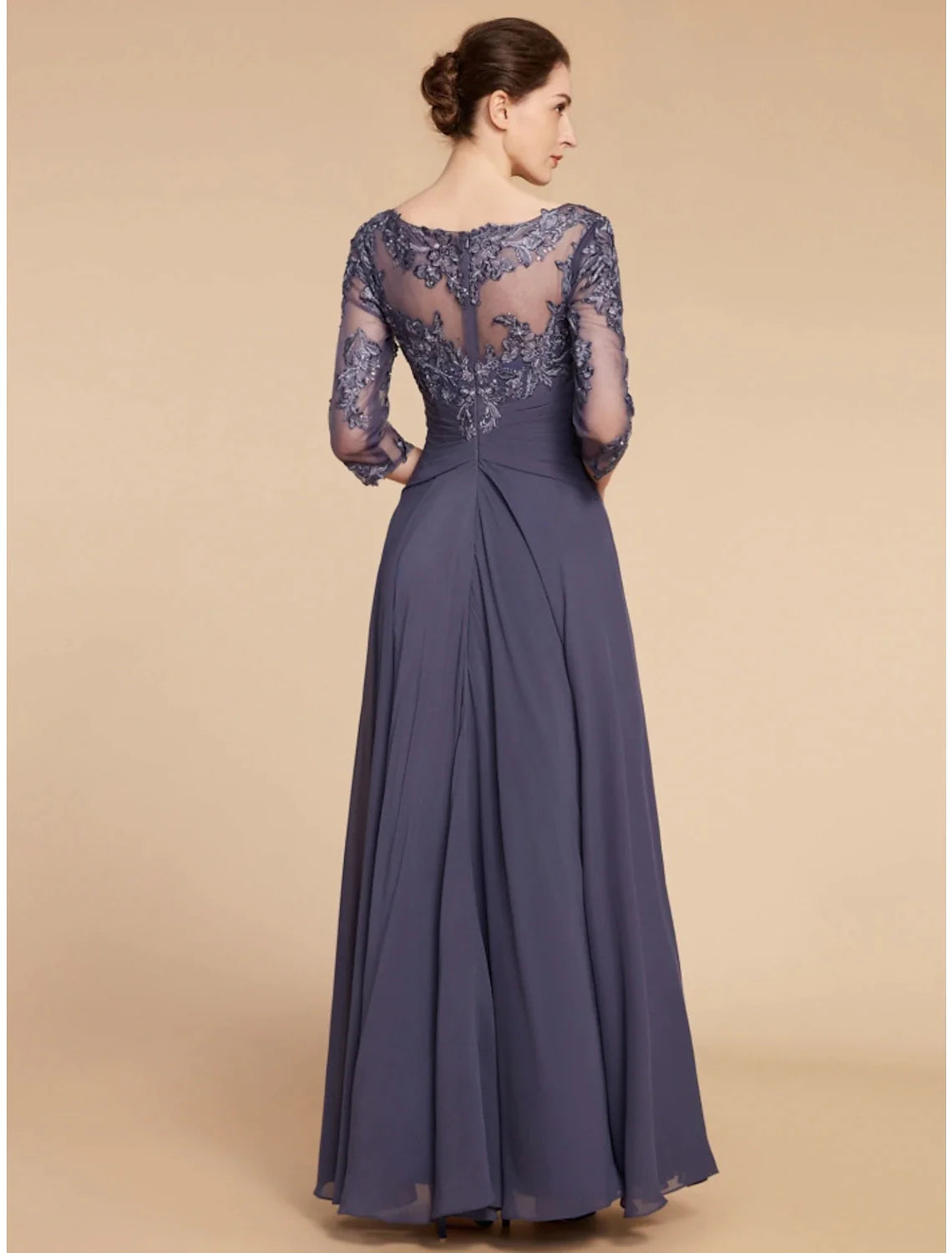 Wholesale A-Line Mother of the Bride Dress Wedding Guest Elegant Scoop Neck Floor Length Chiffon Lace 3/4 Length Sleeve with Ruching Solid Color