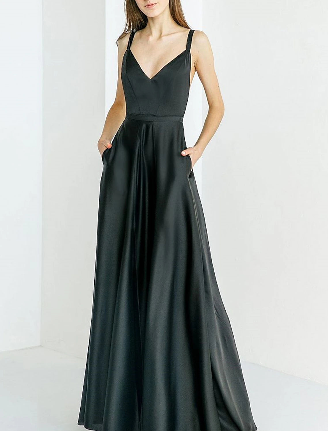 Wholesale A-Line Bridesmaid Dress Spaghetti Strap Sleeveless Open Back Floor Length Stretch Satin with Split Front / Solid Color