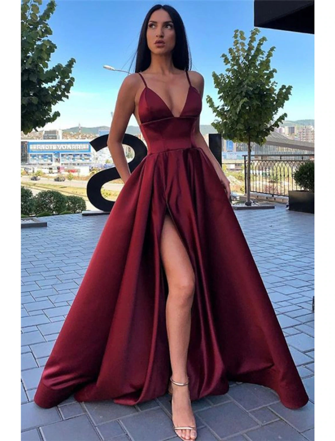Wholesale  A-Line Black Prom Dress High Split Evening Dress Formal Birthday Summer Dress Spaghetti Strap Sleeveless Sweep / Brush Train Satin with Pleats Split Front