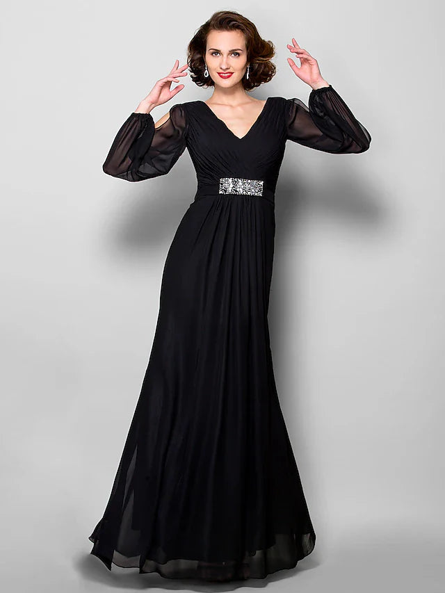 Wholesale A-Line Mother of the Bride Dress Open Back V Neck Floor Length Chiffon Long Sleeve with Criss Cross