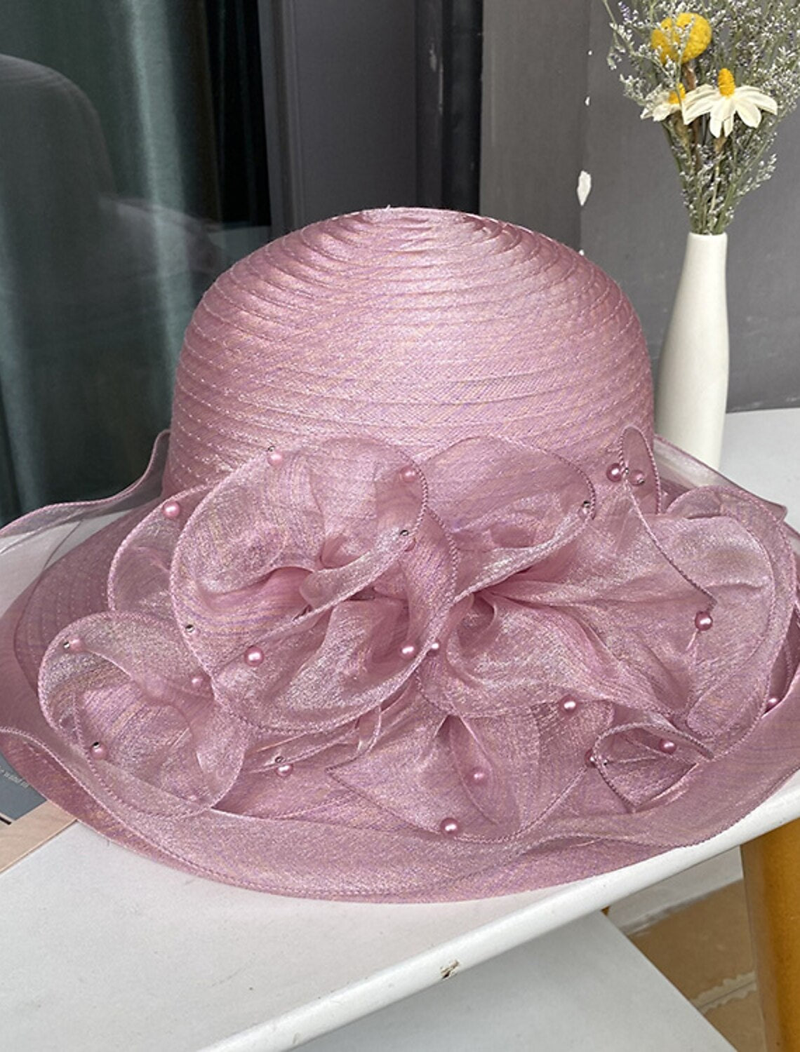 Wholesale Hats Headdress Tulle Straw Bucket Hat Floppy Hat Straw Hat Casual Holiday Vintage Elegant With Pure Color Lace Side Headpiece Headwear