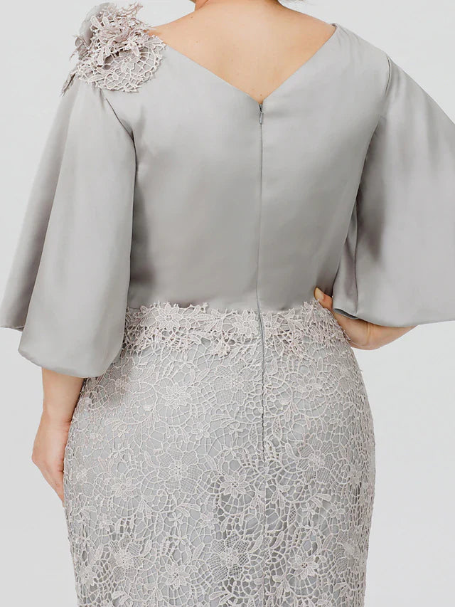 Wholesale Mermaid / Trumpet Mother of the Bride Dress Plus Size Sexy Cowl Neck Sweep / Brush Train Satin Chiffon Lace Over Satin Half Sleeve No with Appliques