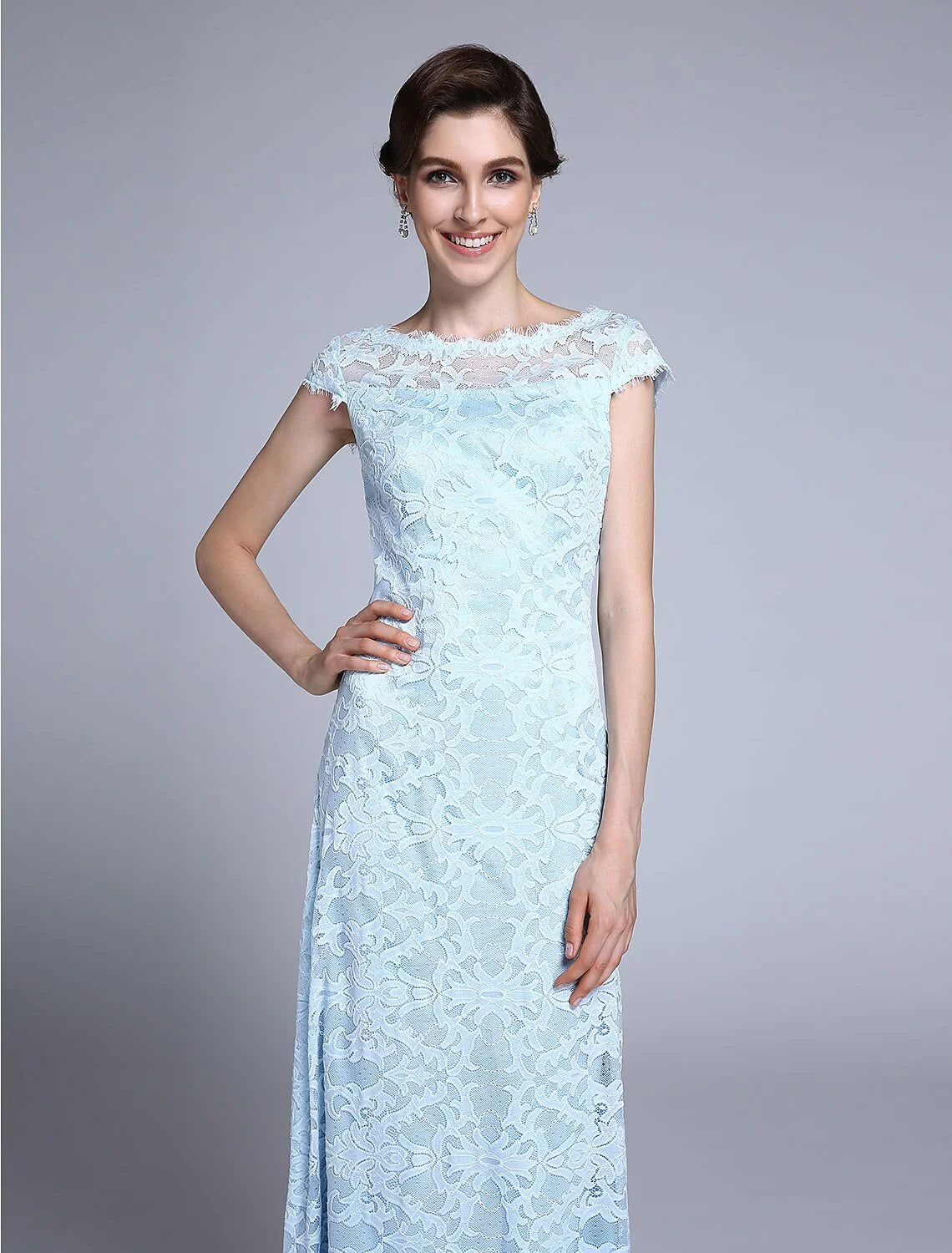 Wholesale Sheath / Column Mother of the Bride Dress Open Back Bateau Neck Floor Length Lace Short Sleeve No with Lace