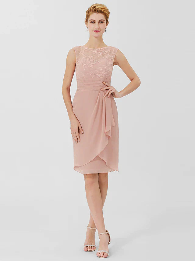 Wholesale Sheath / Column Mother of the Bride Dress Formal Classic & Timeless Elegant & Luxurious Convertible Dress Jewel Neck Knee Length Chiffon Sheer Lace 3/4 Length Sleeve with Sash / Ribbon