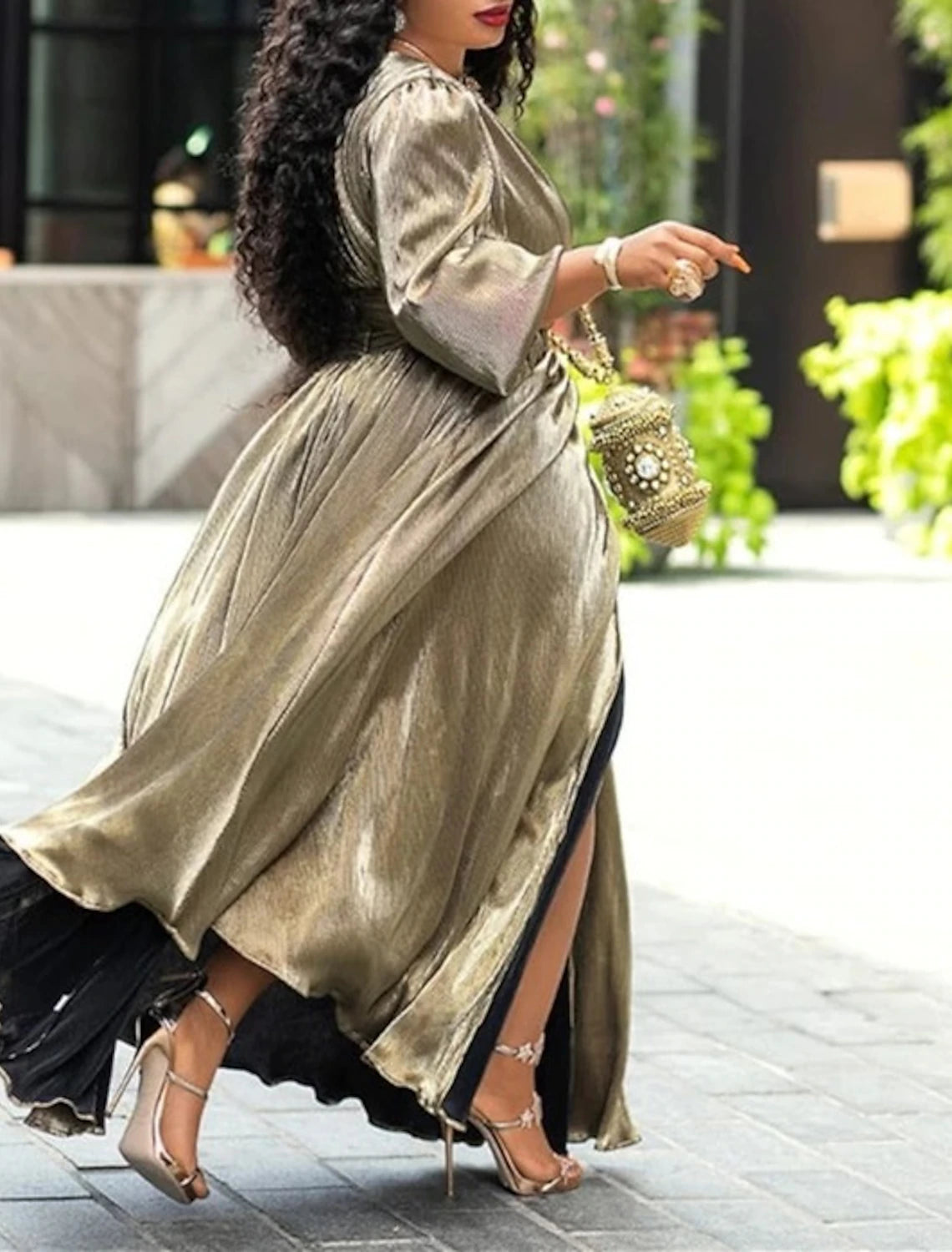 Wholesale A-Line Homecoming Dresses Glittering Dress Holiday Wedding Guest Floor Length Long Sleeve V Neck Lurex Fabric with Glitter Slit