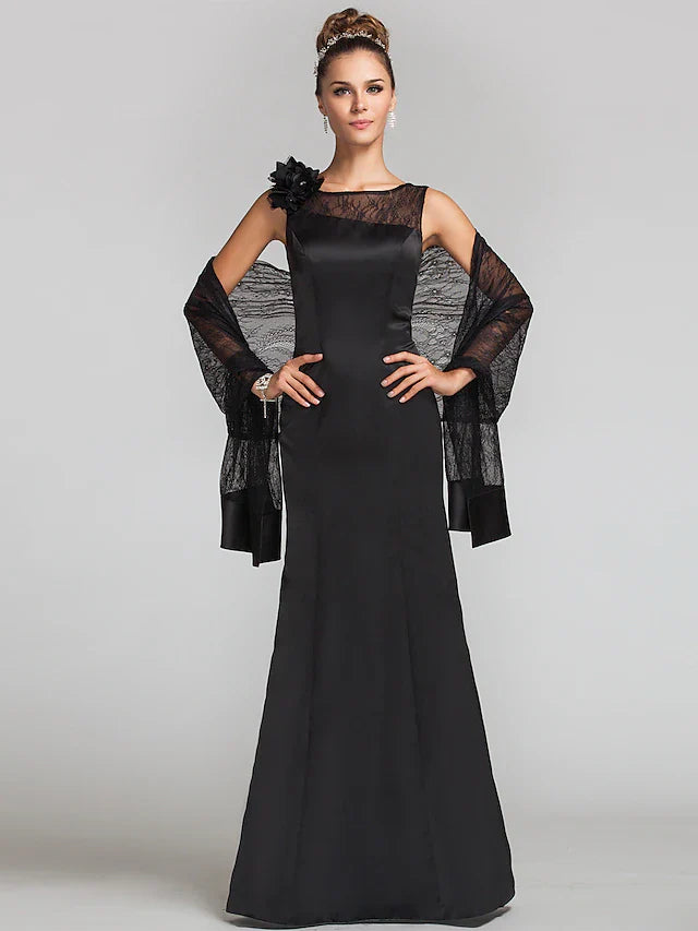 Wholesale Mermaid / Trumpet Mother of the Bride Dress Wrap Included Jewel Neck Floor Length Satin Lace Sleeveless with Lace Buttons Flower