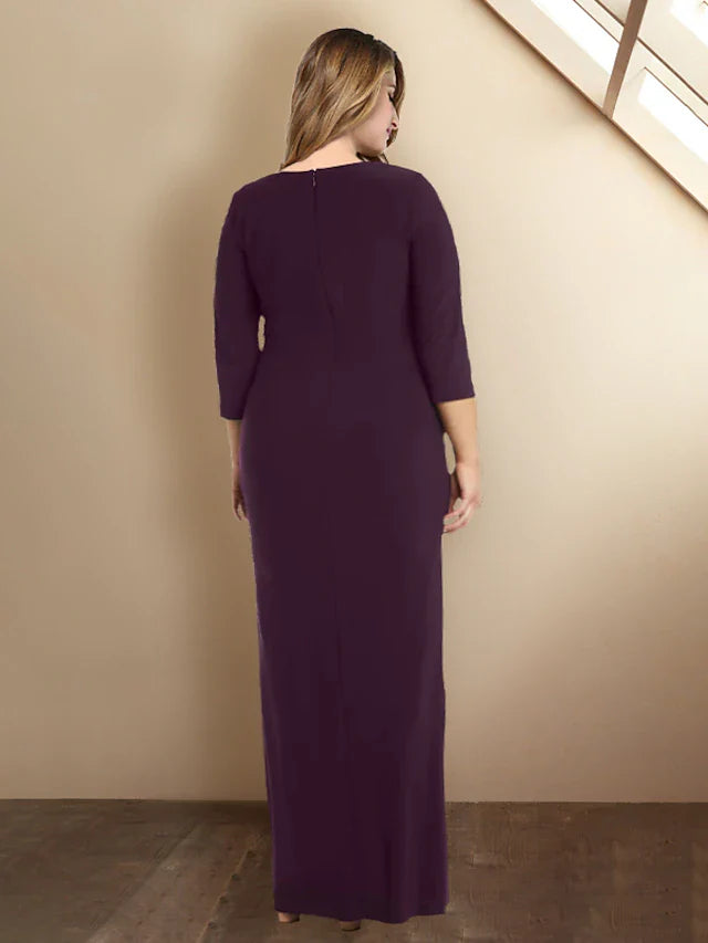 Wholesale Sheath / Column Plus Size Curve Mother of the Bride Dresses Elegant Dress Formal Floor Length 3/4 Length Sleeve Jewel Neck Sequined with Ruffles Splicing Strappy