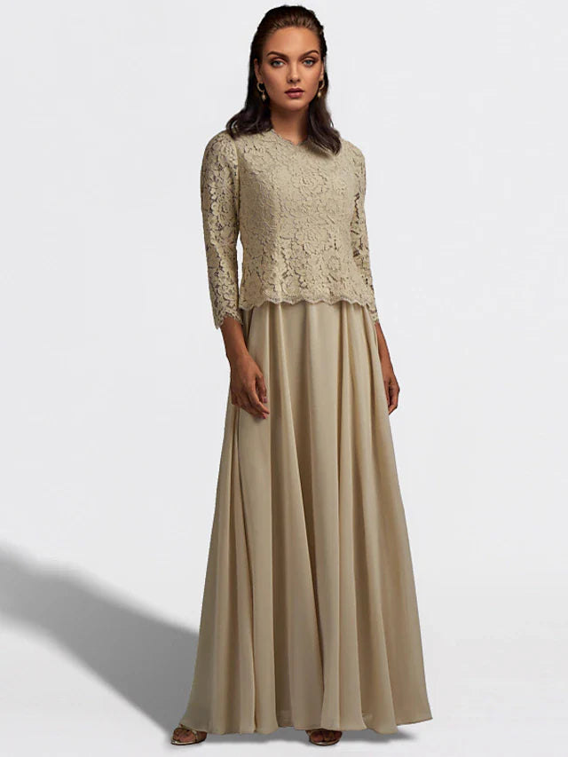 Wholesale A-Line Mother of the Bride Dress Plus Size Elegant V Neck Floor Length Chiffon Lace 3/4 Length Sleeve with Pleats Ruffles