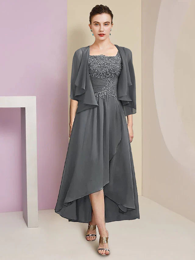 Wholesale Two Piece A-Line Mother of the Bride Dress Formal Wedding Guest Party Elegant Square Neck Asymmetrical Tea Length Chiffon Lace 3/4 Length Sleeve Wrap Included with Ruched Appliques