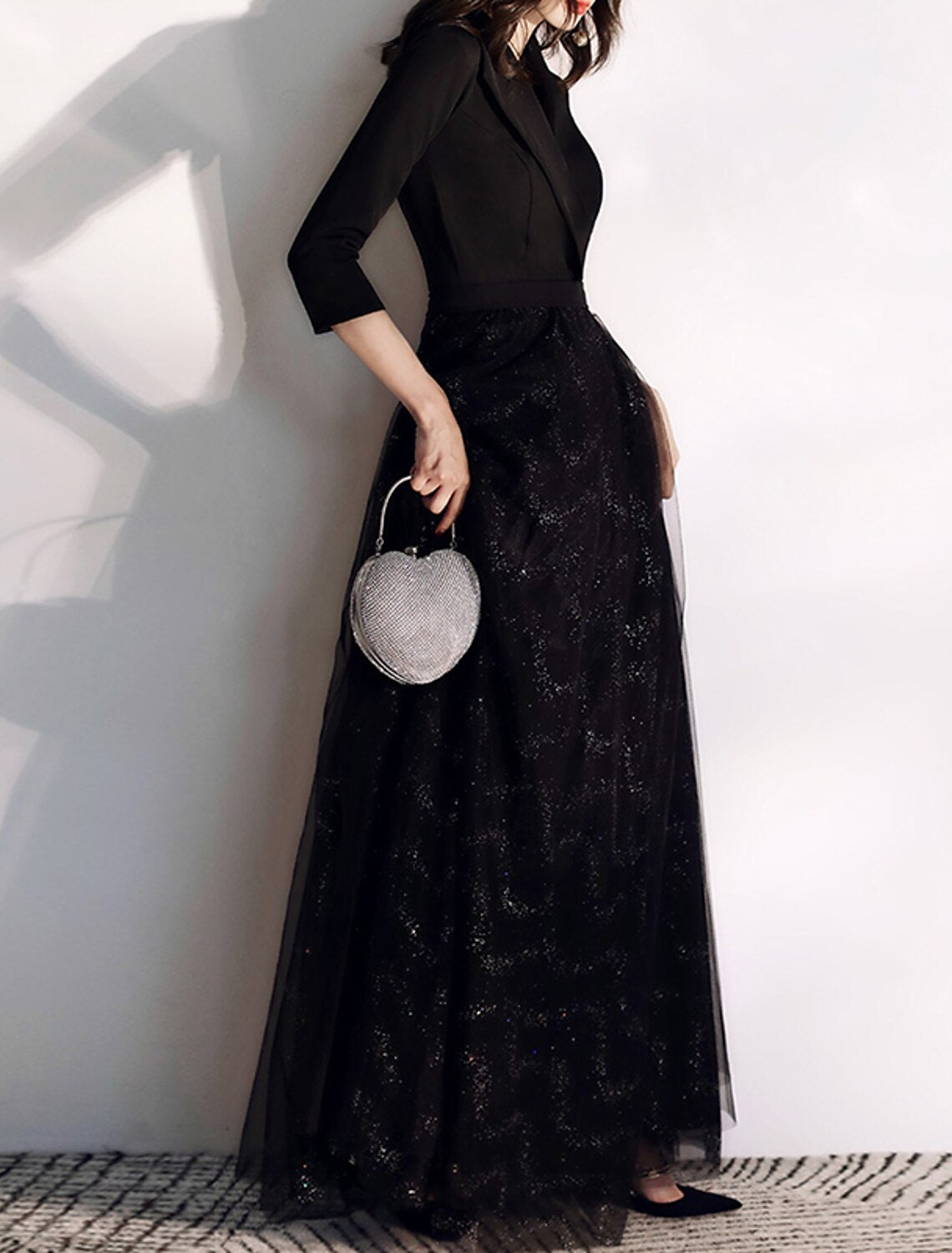 Wholesale A-Line Glittering Elegant Wedding Guest Formal Evening Dress V Neck 3/4 Length Sleeve Floor Length Tulle with Sash / Ribbon Sequin