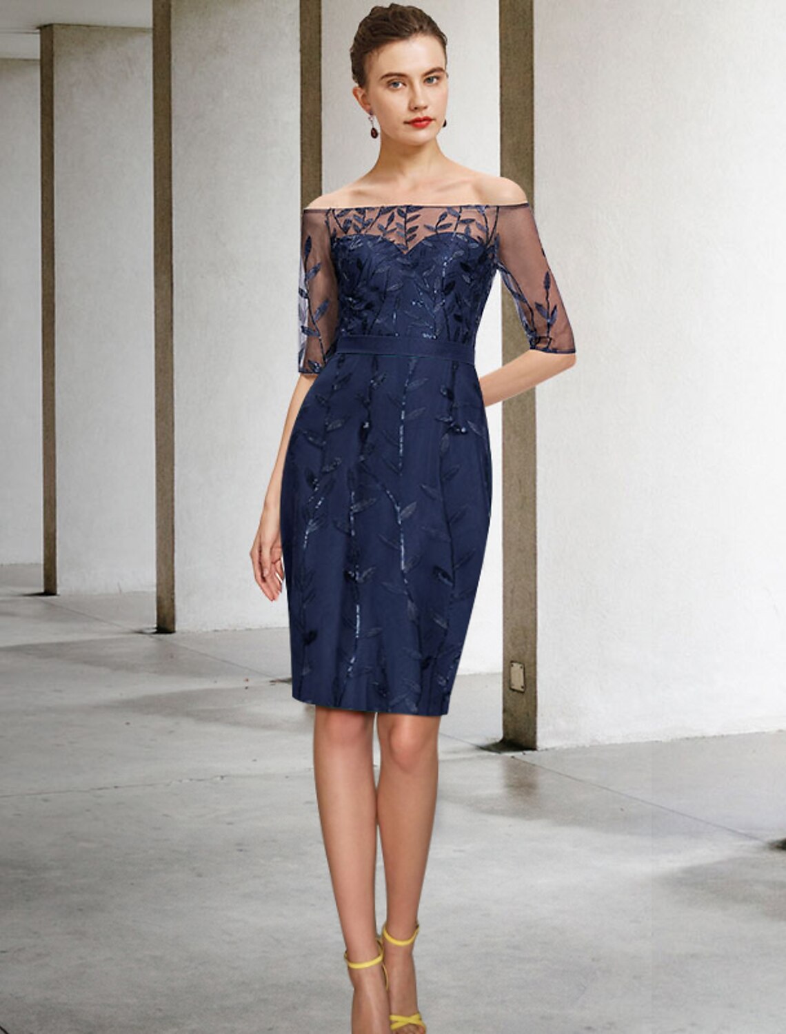 Wholesale  Two Piece Sheath / Column Mother of the Bride Dress Formal Wedding Guest Sparkle & Shine Elegant Off Shoulder Knee Length Chiffon Lace Sequined Half Sleeve with Bow(s) Appliques