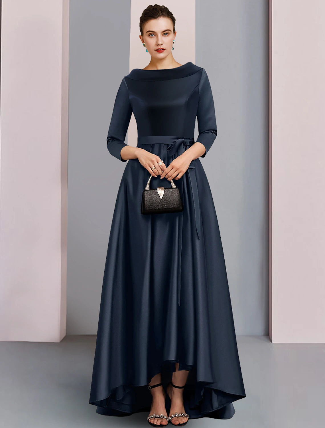 Wholesale A-Line Mother of the Bride Dress Formal Wedding Guest Elegant High Low Bateau Neck Asymmetrical Ankle Length Satin 3/4 Length Sleeve with Bow(s) Pleats