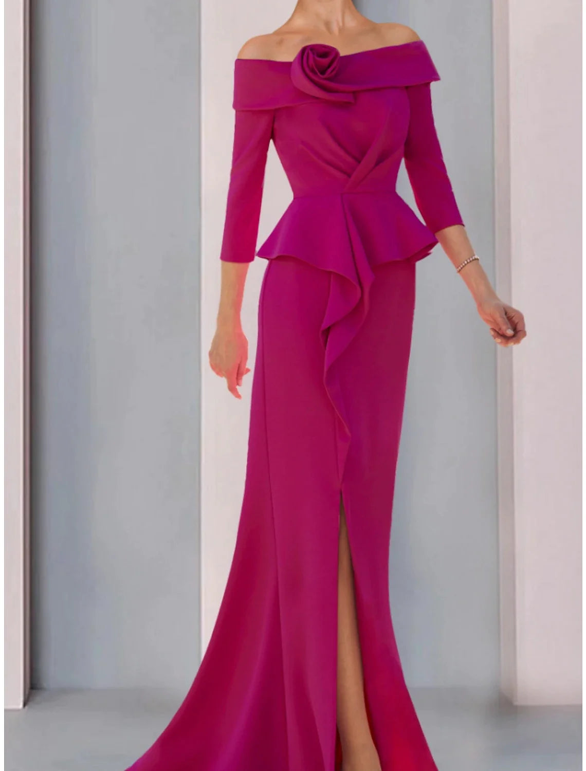 Wholesale A-Line Mother of the Bride Dress Wedding Guest Elegant Off Shoulder Sweep / Brush Train Stretch Fabric 3/4 Length Sleeve with Ruffles Split Front Ruching