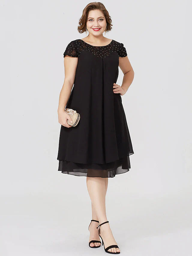 Wholesale Sheath / Column Mother of the Bride Dress Formal Little Black Dress Plus Size See Through Jewel Neck Knee Length Chiffon Lace Short Sleeve No with Pleats Beading Lace Insert