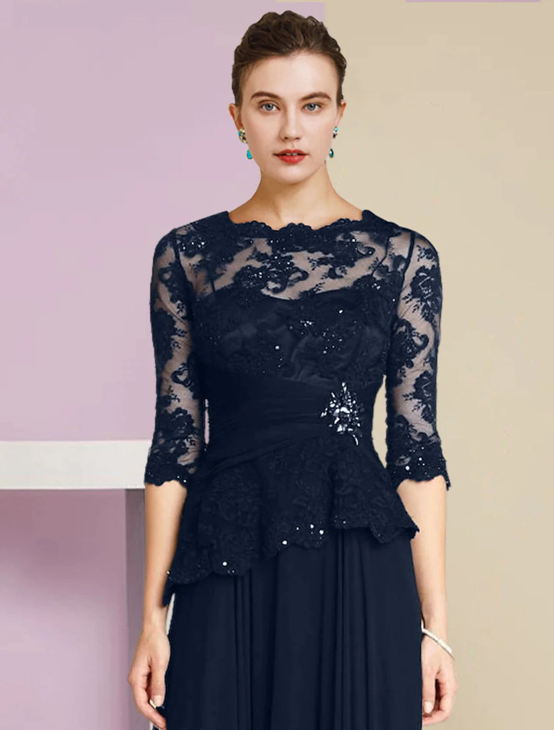 Wholesale A-Line Mother of the Bride Dress Formal Wedding Guest Elegant Scoop Neck Floor Length Chiffon Lace Half Sleeve with Pleats Appliques Crystal Brooch